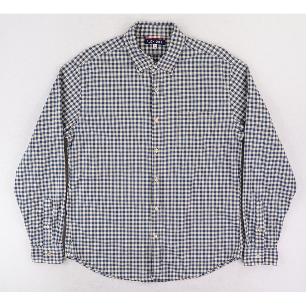 Alex Mill OCBD Button Down Shirt Men Large Blue Cream Gingham Cotton Long Sleeve